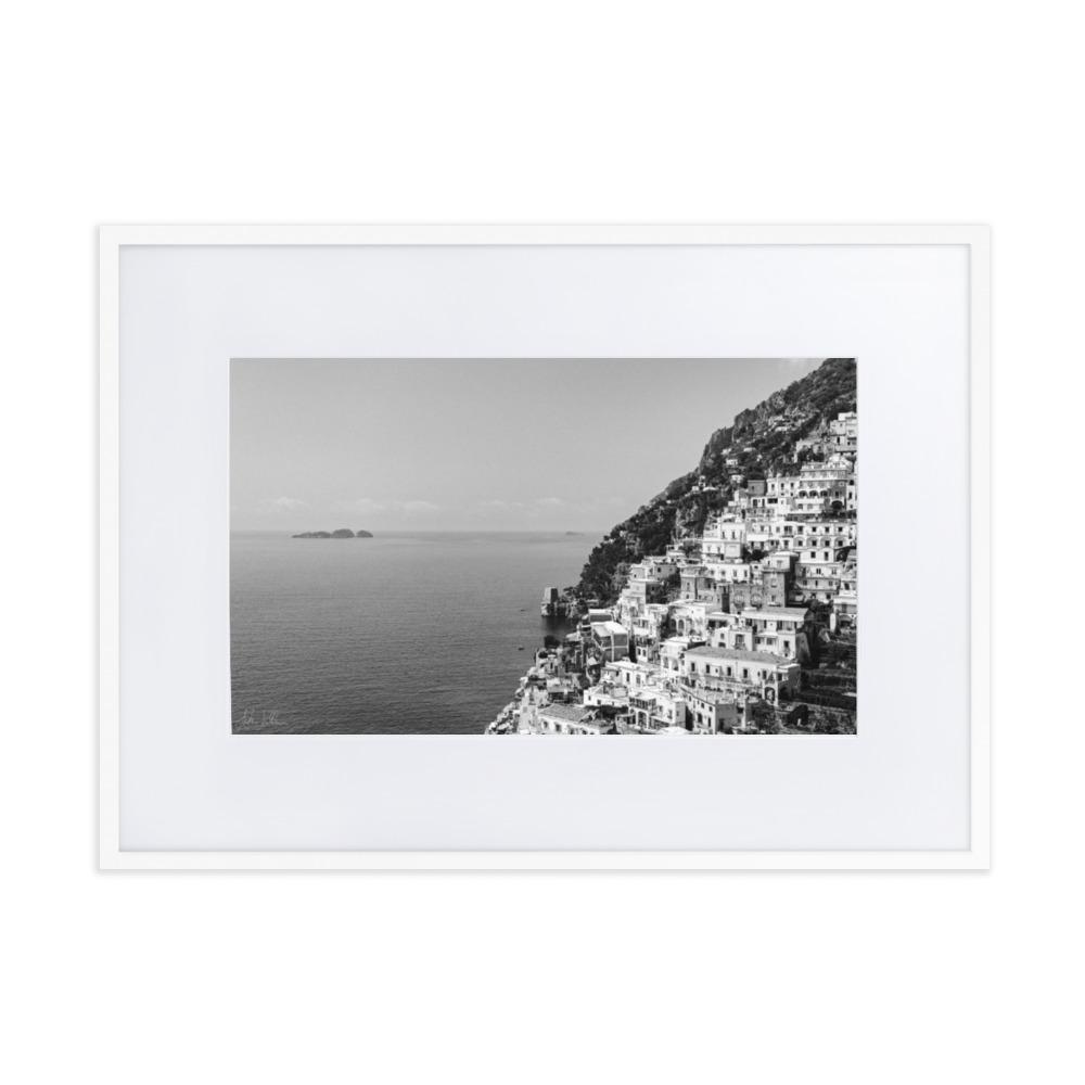 "The Cliff" Positano BW Matte Paper Framed Poster With Mat - AMALFITANA STORE